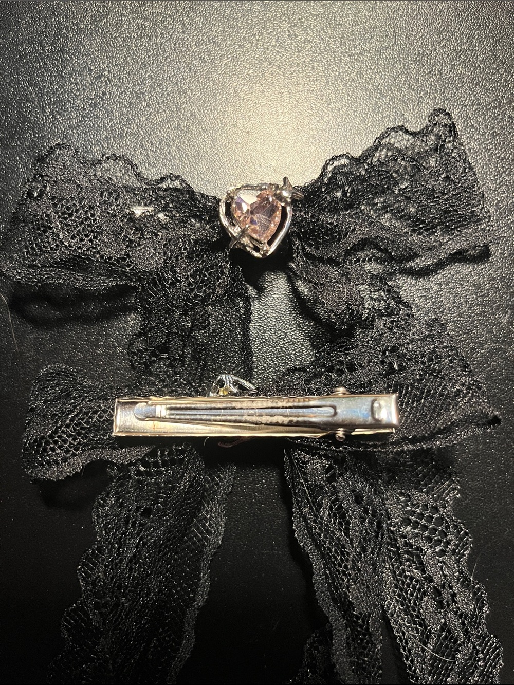 Black Lace Bow Hair Clip with pink Heart Gem